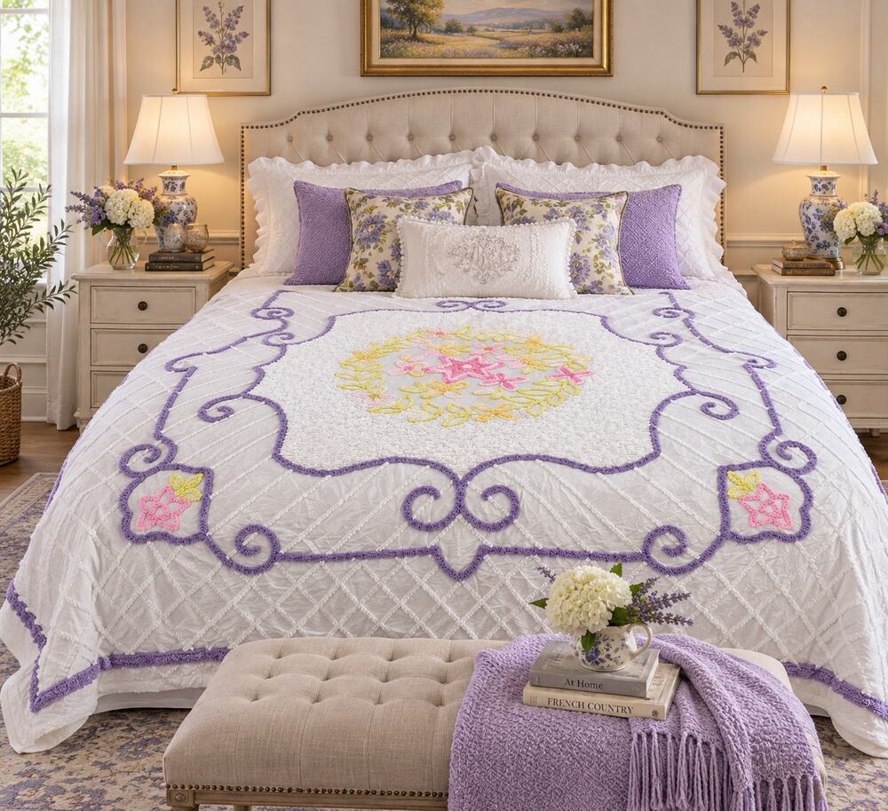 Vintage Chenille Bedspread King 108 x 122 Floral Lavender Pink Yellow